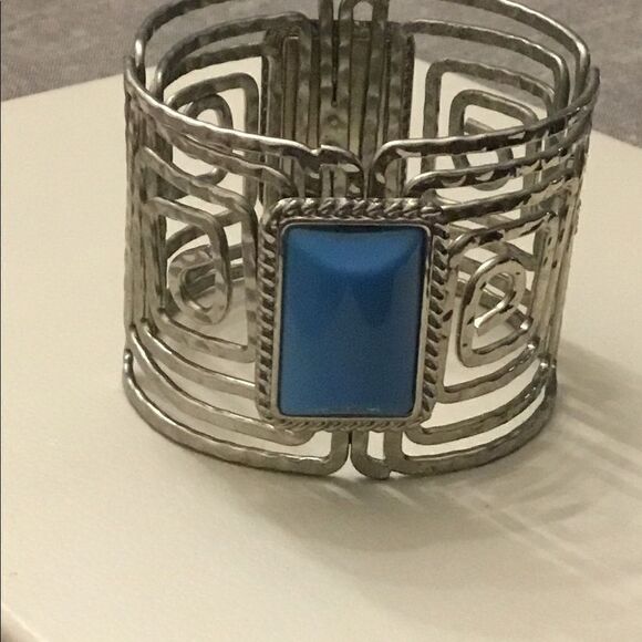 Silver Rectangular Turquoise Bangle Bracelet - Picture 2 of 2